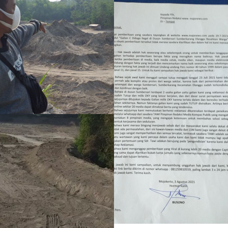 Terkait Berita Dugaan Galian C Ilegal di Dusun Sumbersari Sumberkarang Dlanggu, Busono Kirim Surat Ke Redaksi