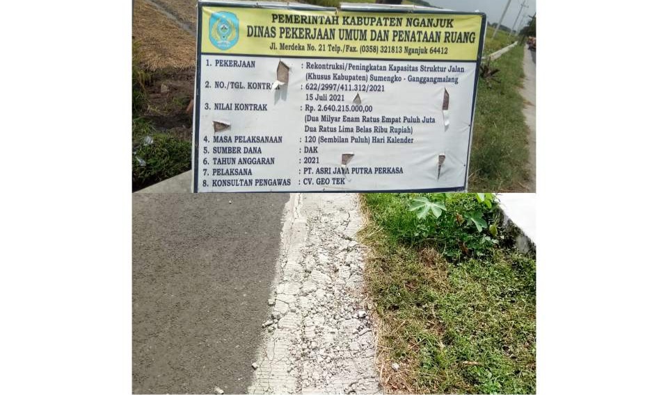 Rabat Beton Bibir Jalan Ganggangmalang Sumengko Sudah Retak, LSM GAKK :  Lemahnya Pengawasan DPUPR