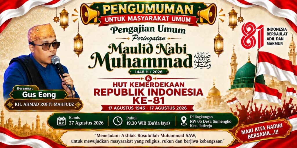 Peringati Maulud Nabi dan HUT RI ke-81, Warga Sumengko Jatirejo Gelar Pengajian Umum pada Kamis 27 Agustus 2026